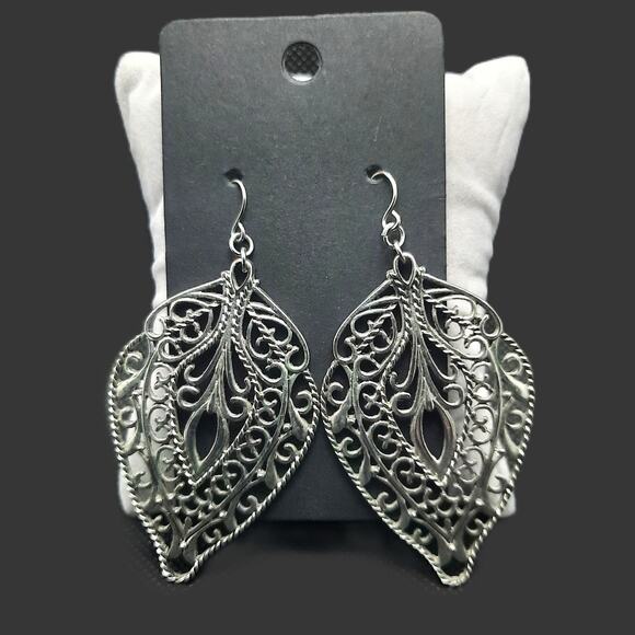 Filigree Large Leaf Earrings Statement Silver Tone Light Dangle French Wire - Picture 1 of 9